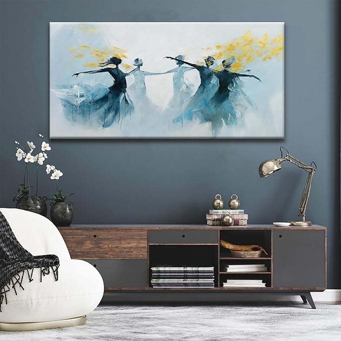 TAIJXAGSG Large Abstract Wall Art For Living Room Canvas Wall Art Decor Prints Blue Gold White Dancer Wall Art Decor Modern Paintings Home Wall Decorations Bedroom Kitchen Office Artwork 29" × 58"
