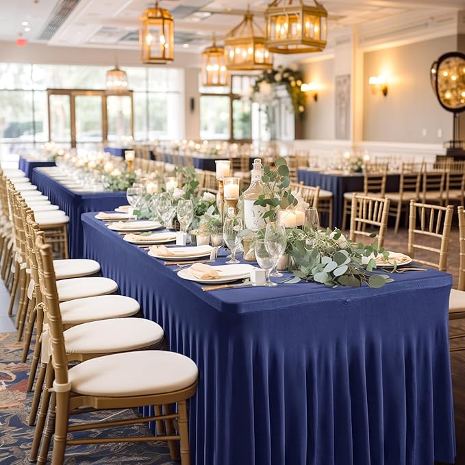 1 Pack Navy Blue Table Clothes for 6 Foot Rectangle Tables, One-Piece Wrinkle Resistant Stretch Spandex Table Covers with Table Skirt for Event Banquet Wedding Birthday Party