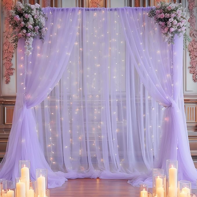 20ft x 10ft Purple Backdrop Curtain with Lights String for Parties, Sheer Tulle Wedding Photo Backdrops Drapes for Baby Shower Birthday Party Decorations Background for Photography