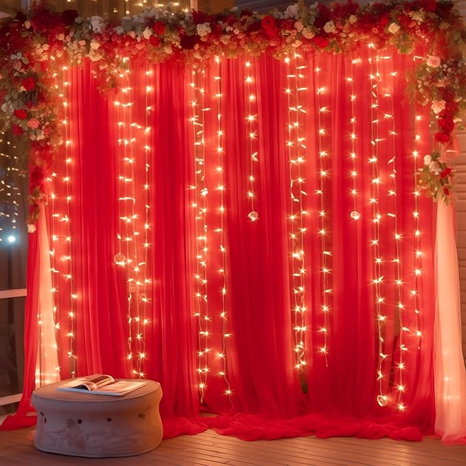 10ft x 8ft Red Backdrop Curtain with Lights String for Parties, Sheer Tulle Wedding Photo Backdrops Drapes for Baby Shower Birthday Party Decorations Background for Photography