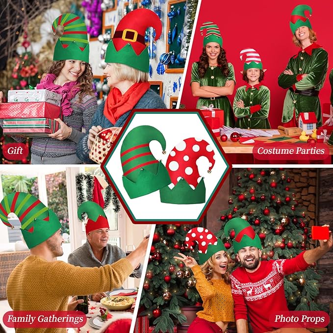 12 Pcs Christmas Elf Hat Colorful Funny Hats with Bell Holiday Party Accessories for Adults Santa Headdress for Party(Classic2)