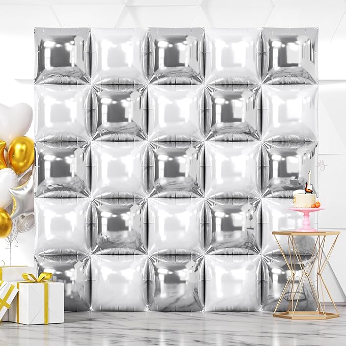 NISOCY 25PCS Metallic Silver and Pearl White Square Foil Balloons Wall Backdrop Double Sided Silver and White Balloons Arch Kit for New Year Birthday Engagement Wedding Bridal Shower Party Decorations