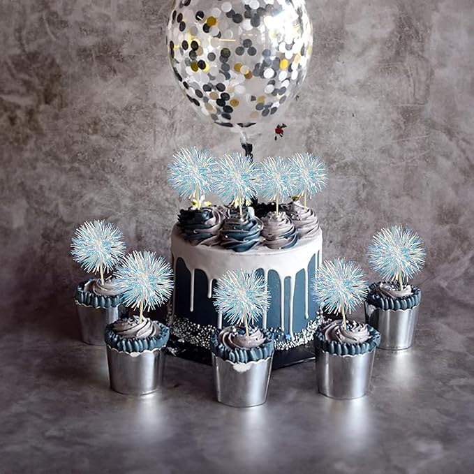 Ephlyn 30Pcs Foil Firework Cupcake Toppers Sparkle Tinsel Cupcake Picks Drink Stirrers Cocktail Food Fruit Toothpicks for Baby Shower Graduation Party Supplies White