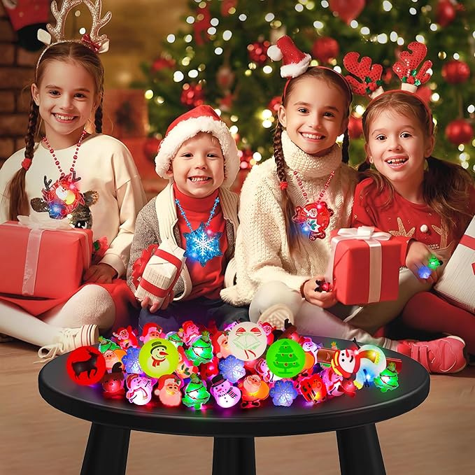 64 PCS Christmas Party Favors Bulk Glow in The Dark Party Supplies LED Christmas Toys Bulk Light Up Necklace Bracelet Rings Xmas Toy Gifts for Stocking Stuffers Holiday Favors Classroom Rewards Prizes