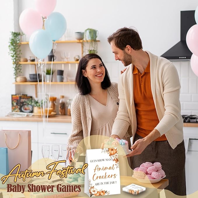 Autumn Pumpkin Guess How Many Animal Crackers - Thanksgiving Baby Shower Card Set (1 Sign With 50 Guess Cards), Fall Gender Reveal Party Favor Supplies -A05