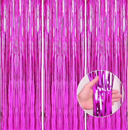 Crosize 3 Pack 3.3 x 9.9 ft Hot Pink Foil Fringe Backdrop Curtains, Streamer Backdrop Curtains, Streamers Birthday Party Decorations, Tinsel Curtains for Parties, Photo Booth Backdrops