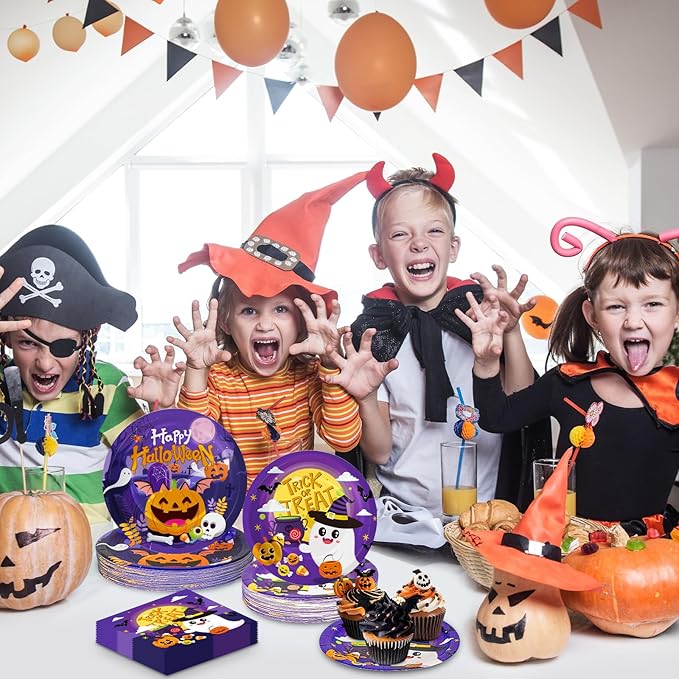 150 Pcs Halloween Plates and Napkins Sets - Cute Happy Halloween Party Supplies Tableware, Halloweens Disposable Paper Plates Napkins Set for Halloweens Birthday Party Decorations Favors, Serve 50
