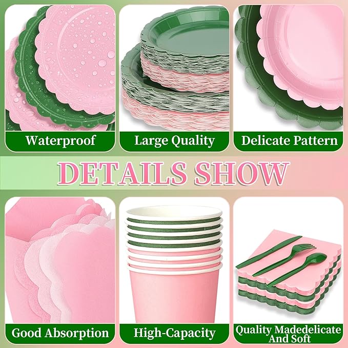 416 Pcs Pink And Green Party Supplies - For 52 Guests Paper Plates And Napkins Knives Spoons Forks Cups - Disposable Small Scalloped Dinner Party Set Cutlery - For Baby Shower Bridal Shower Wedding