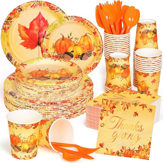 350 Pcs Fall Dinnerware - Thanksgiving Party Decoration Supplies with Autumn Pumpkins, Maple Leaf Paper Plates, Napkins & Cups for 50 Guests