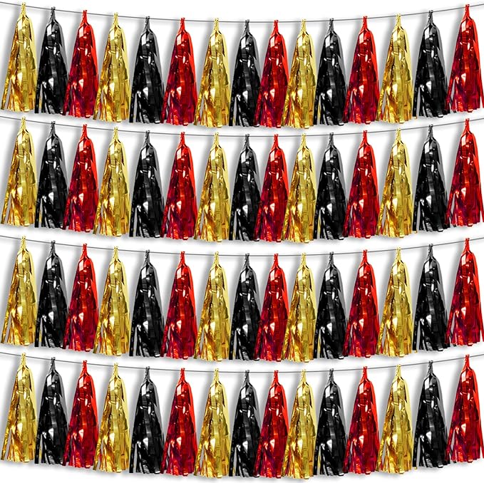 4P Black-Red Gold Foil Fringe Metallic Tassel Garland, Tassels Banner Streamers for Parade Floats, Bachelorette, Wedding, Birthday, Halloween, Christmas, Bridal/Baby Shower Party Decorations