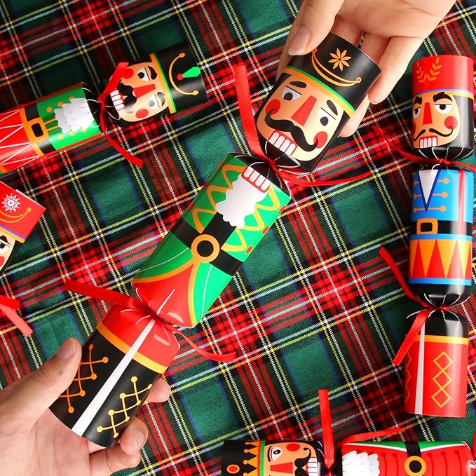 12 Pack Non-Snap Christmas Table Party Favors with Party Hats Joke Little Gifts for Kids Adults, Christmas Cute Nutcracker Characters Design, Xmas Seasonal Holiday Dinner Traditions Supplies