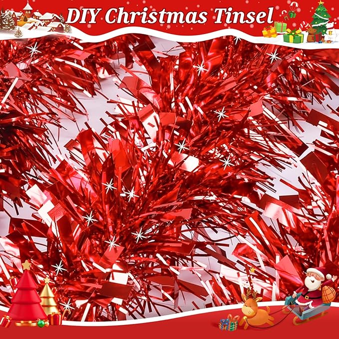 50Ft Christmas Tinsel Garland Red Xmas Tree Decorations Valentine Metallic Glitter Twist Garland for Christmas Decorations Party Anniversary Birthday Holiday Supplies Indoor Outdoor Supplies