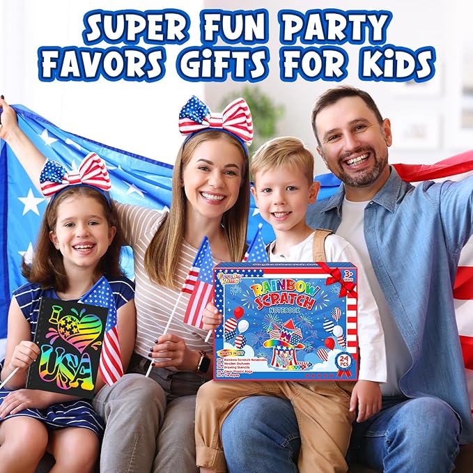 Party Favors for Kids: 24 Pack 4th of July Rainbow Scratch Art Notebook Classroom Supplies Bulk for Girls Boys Goodie Bags Stuffers, Independence Day Party Gift Kid Crafts