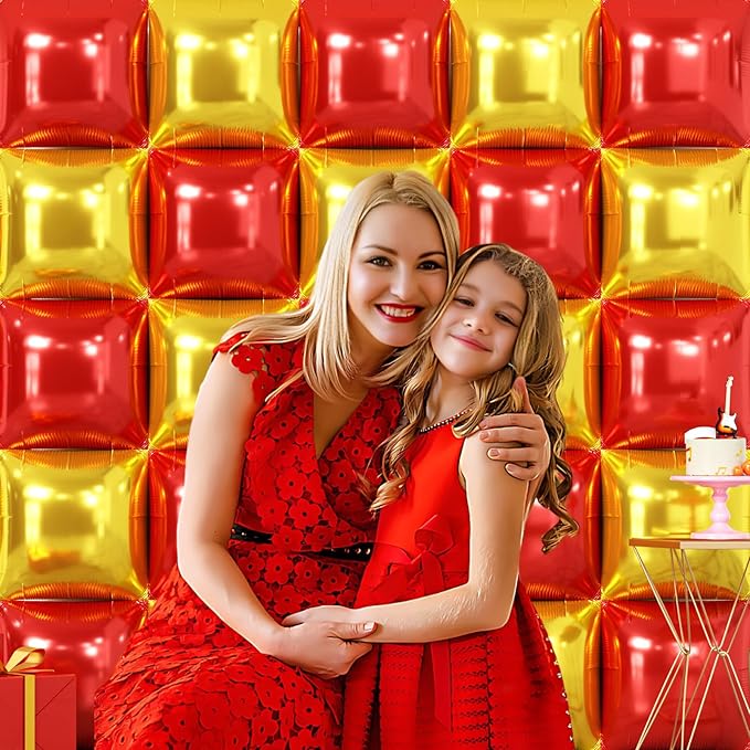 NISOCY 25PCS Christmas Balloons Red Gold Square Foil Balloons Wall Backdrop Metallic Double Sided Red Gold Balloons Tunnel Arch Kit for Valentine's Day Wedding Birthday Engagement Party Decorations