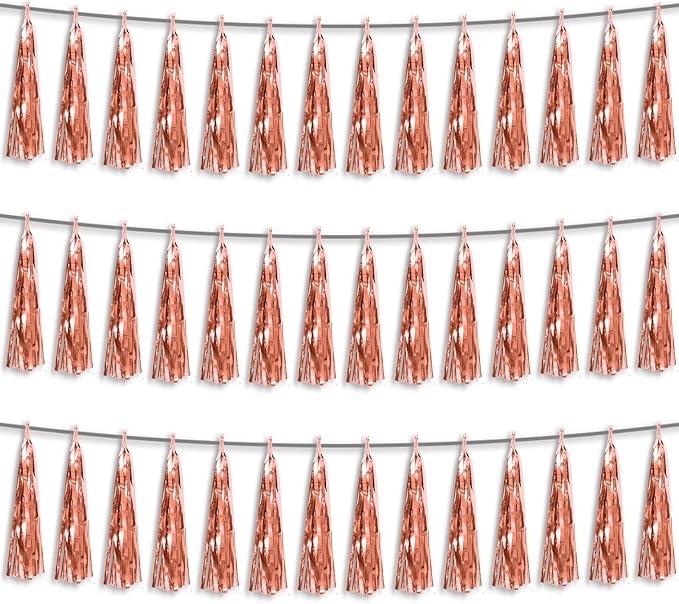3P Rose Gold Foil Fringe Metallic Tassel Streamers Banner Tassel Garland for Parade Floats, Bachelorette, Wedding, Birthday, Halloween, Christmas, Bridal/Baby Shower Party Decorations