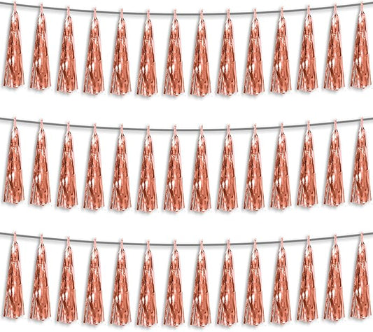 3P Rose Gold Foil Fringe Metallic Tassel Streamers Banner Tassel Garland for Parade Floats, Bachelorette, Wedding, Birthday, Halloween, Christmas, Bridal/Baby Shower Party Decorations