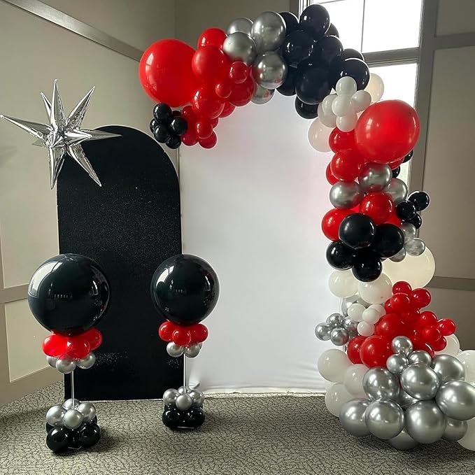 Red Black Balloons, 60 Pcs 12 Inch Double Stuffed Red Matte Black White Balloon with Metallic Silver Balloon for Halloween Vampire Prom New Year Race Car Theme Birthday Poker Card Party Decorations