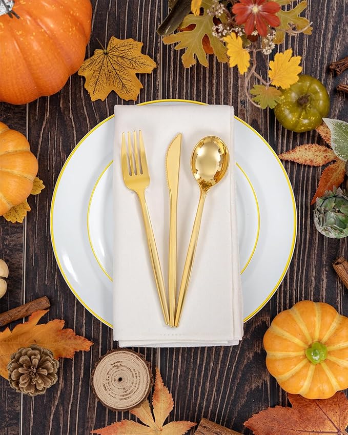bUCLA 150PCS White and Gold Plastic Plates Disposable - 25 Guests Gold Dinnerware Set - Include 25 Each (Dinner & Dessert) Plates, 25 Knives, 25 Forks, 25 Spoons & 25 Cups for Party & Thanksgiving