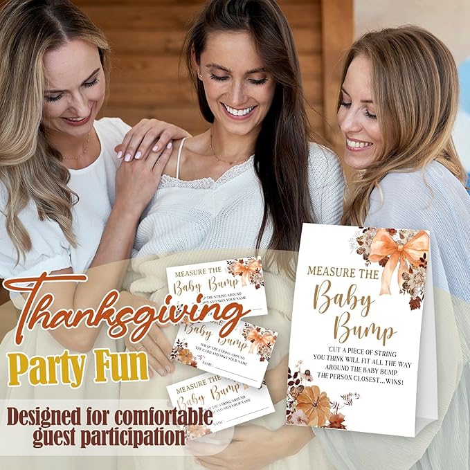 Bow Measure The Baby Bump - Thanksgiving Baby Shower Card Set (1 Sign With 50 Guess Cards), Fall Florals Gender Reveal Party Favor Supplies -A09