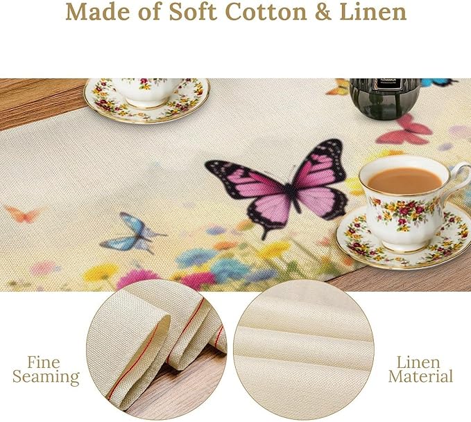 Butterfly Table Runner, Wildflowers Floral Butterfly Table Decoration Seasonal Spring Summer Home Kitchen Dining Table Indoor Outdoor Farmhouse Decor 13x120 Inch