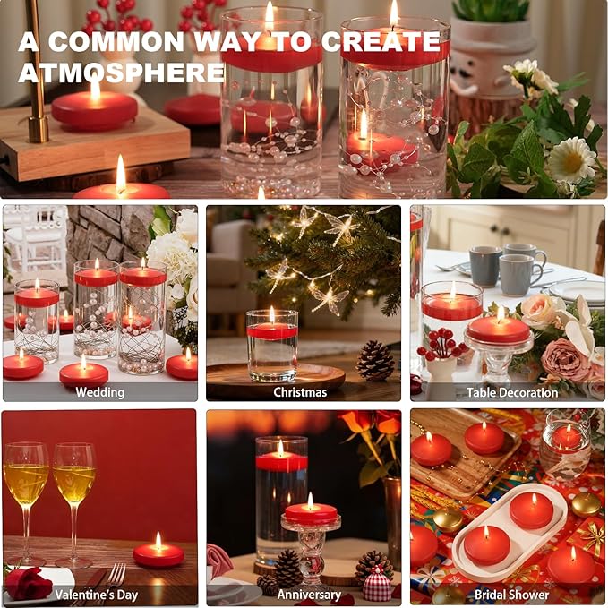 24 Pack Red Floating Candles 3 inch, Unscented Traditional 3" Floating Candles for Centerpieces,7 Hours Burning, Red Water Candles for Cylinder Vases, Wedding, Party, Pool