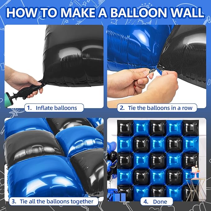 NISOCY 25PCS Black and Blue Square Foil Balloons Wall Backdrop Double Sided Black and Dark Blue Balloons Arch Kit for Birthday Graduation Retirement Anniversary Baby Shower Party Decorations