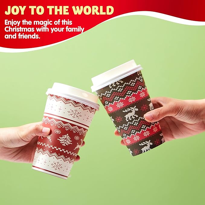 JOYIN 24 PCS Christmas Disposable Paper Cups, 16 oz Merry Christmas Party Cups With Sleeves and Lids, 4 Designs Xmas Drinkware Winter Drinkware, Tableware Holiday Party Supplies