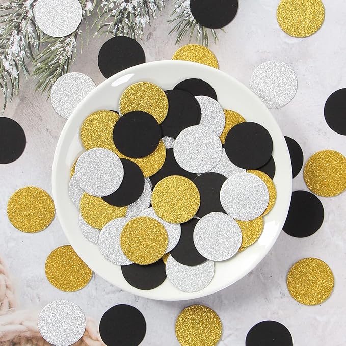 Silver Black Gold Party Decorations - 300Pcs Paper Glitter Confetti Birthday New Years Eve Retirement Graduation Classroom Table Decor Supplies