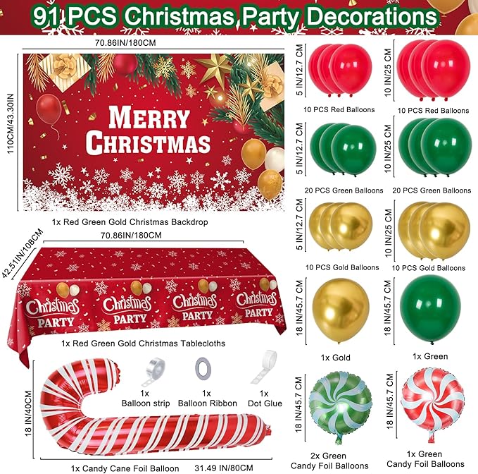 2025 Christmas Party Decorations-Balloon Arch Garland Kit with Green Red Candy Cane Balloons, Merry Christmas Backdrop Banner Tablecloths for XMAS Decorations Supplies