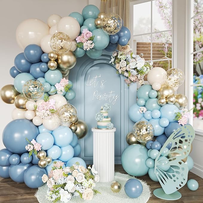Dusty Blue Balloon Arch Kit, 148Pcs Retro Blue Macaron Blue Dusty Blue White Sand Gold Confetti Balloons for Baby Bridal Shower Wedding Engagement Birthday Party Decorations