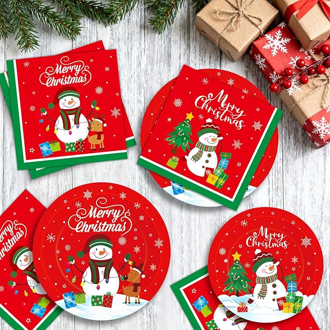 150 Pcs Merry Christmas Plates and Napkins Set - Xmas Paper Plates and Napkins, Snowman Dinner Dessert Plate Napkin Tableware Kit for Winter Christmas Party Supplies Table Decorations, Serve 50