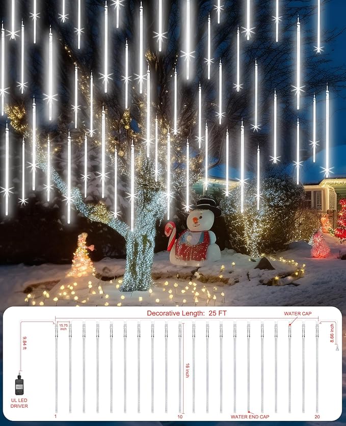 Christmas Lights Outdoor 16 Inch 20 Tubes Meteor Shower Rain Light, Waterproof Falling Icicle String Lighting for Xmas Tree Yard House Decor,Shine White