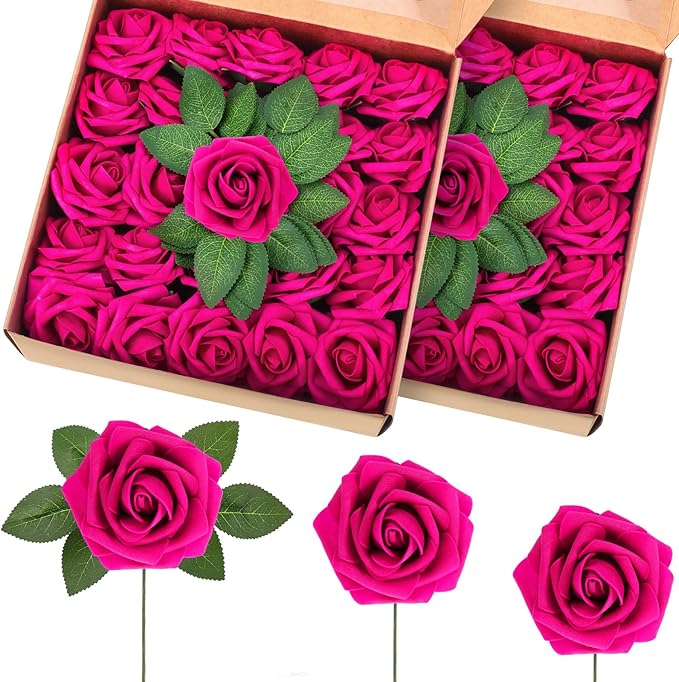 100 Pieces Artificial Foam Rose Flowers Faux Bouquet with Leaves and Stems for DIY Wedding Bouquets Centerpieces Bridal Shower Party Valentine Home Decorations(Hot Pink)