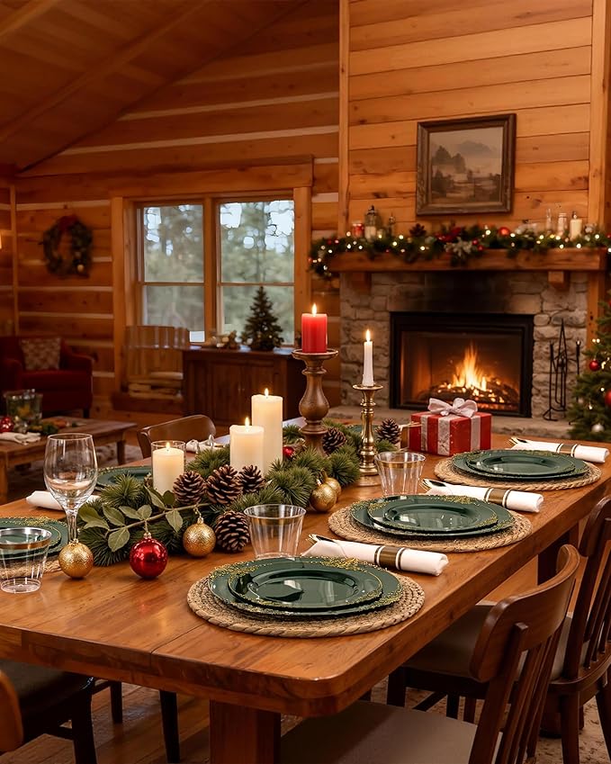 Nervure 175PCS Green Plastic Plates - Disposable Green Gold Party Plates & Pre Rolled Napkins with Cutlery for 25 Guests, 50Plates, 75Silverware, 25Cups, 25Napkin for Wedding & Party