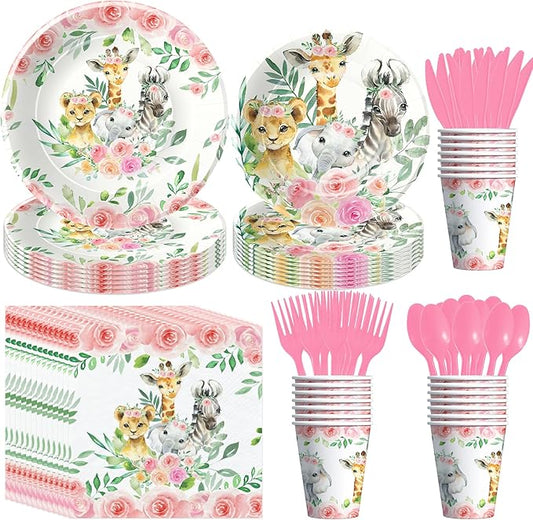 Safari Baby Shower Decorations Tableware Girl - Jungle Theme Party Supplies, Paper Plate, Cup, Napkin, Disposable Cutlery, Wild Animal Birthday Baby Shower Party Decorations | Serve 24