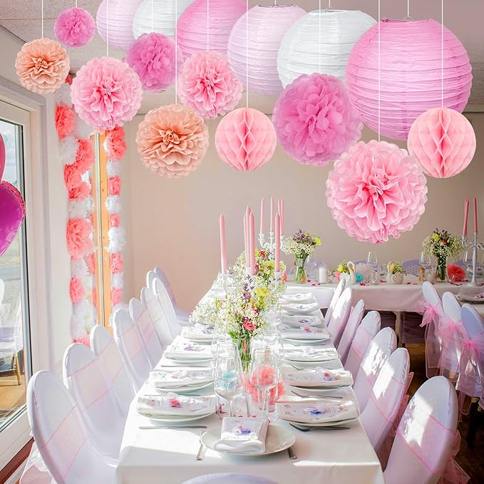 15pcs Party-Decorations Paper-Flowers Lanterns Party Pack and Pom Pom Balls Hanging Decoration for Wedding Birthday Baby Shower-Bachelorette Bridal Wedding Engagement Supplies Decor