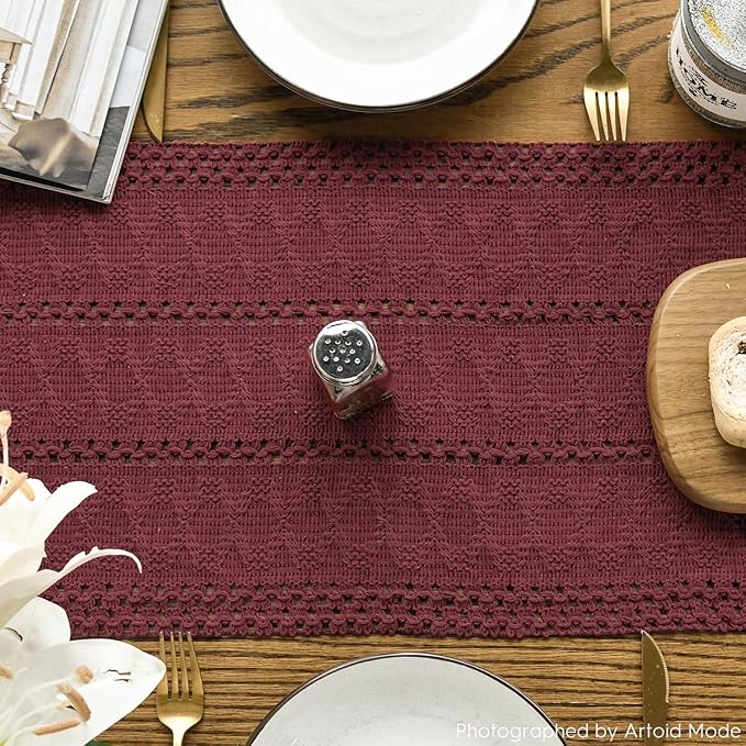 Artoid Mode Red Farmhouse Woven Rustic Hollow Table Runner, Seasonal Holiday Hollow Kitchen Dining Table Decoration for Home Party Decor 12x90 Inch