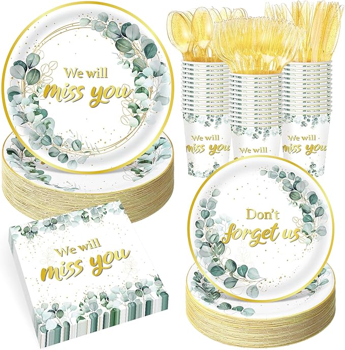 Pickmesh 400 Pcs Sage Green Farewell Party Supplies Include We Will Miss You Disposable Paper Plates Napkins Cups Cutlery for Coworkers Going Away Goodbye Retirement Party Decorations Serve 50