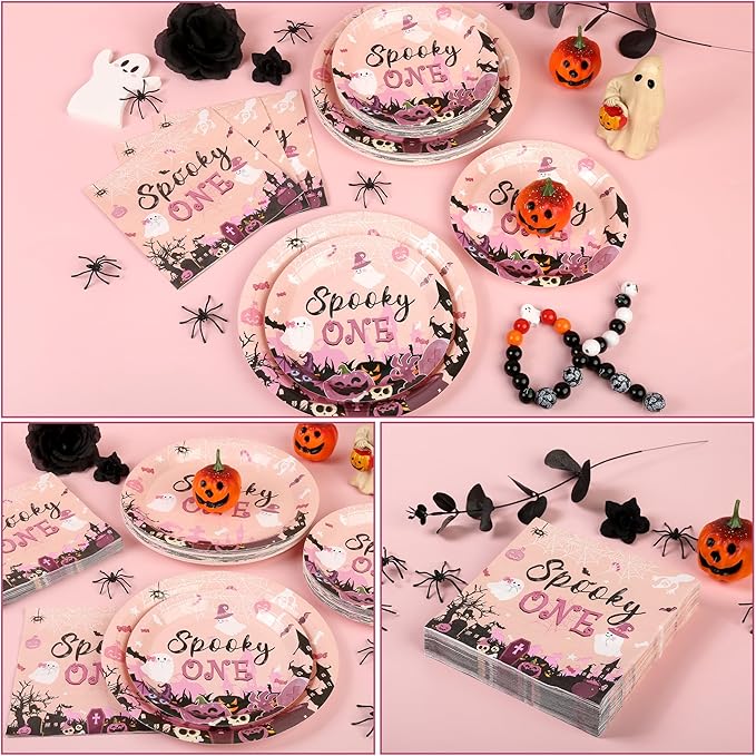 150Pcs Halloween Spooky One Birthday Decorations Pink Cute Halloween Plates and Napkins Pink Ghost Baby Shower Plates Disposable for Hallowen Girl 1st Birthday Party Supplies,Serves 50