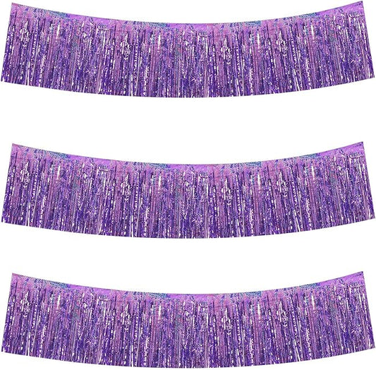 BEISHIDA 3 Packs Metallic Foil Fringe Garland Laser Light Purple Wall Hanging Tinsel Fringe Banners for Car Floats Bridal Shower Wedding Birthday Easter Graduation Holiday Party Decoration(30 Feet)