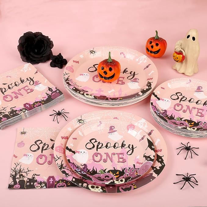 150Pcs Halloween Spooky One Birthday Decorations Pink Cute Halloween Plates and Napkins Pink Ghost Baby Shower Plates Disposable for Hallowen Girl 1st Birthday Party Supplies,Serves 50