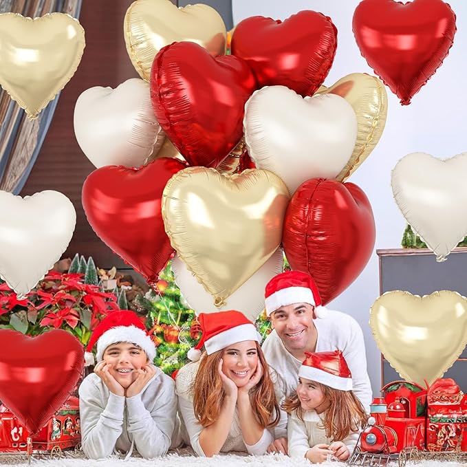 Red Gold Heart Balloons Foil, 12Pcs 18 Inch Metallic Red Gold Cream Beige Heart Shape Foil Balloon for Girls Women Birthdays Wedding Baby Shower Valentines Mother's Day Xmas Christmas Party Decor