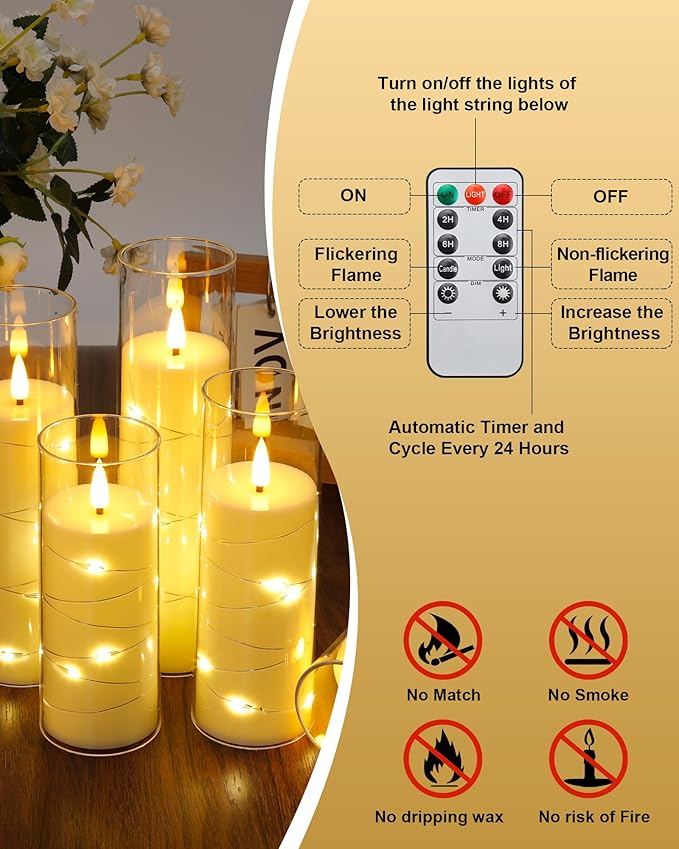 Enido 10 Pc Flameless LED Candles with Remote & Timer, Flickering with Embedded Star String for Cozy Home Decor Holiday Romantic Battery Operated Acrylic Pillar Set (Clear)