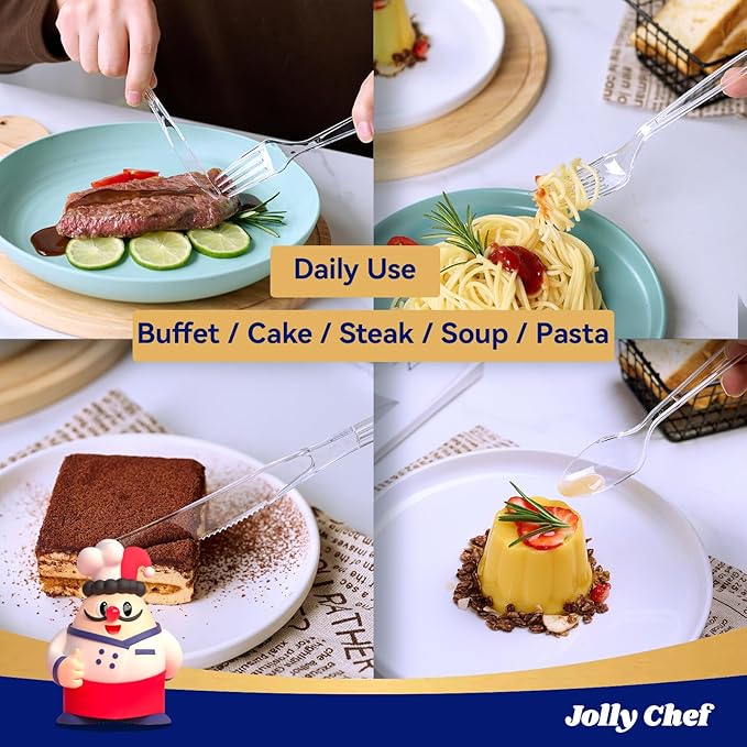 JOLLY CHEF 360 Count Heavy Duty Clear Plastic Silverware-180 Forks, 120 Spoons, 60 Knives, Heat Resistant Disposable Utensils Set, Clear Plastic Cutlery Set for Parties, Events, Everyday Use