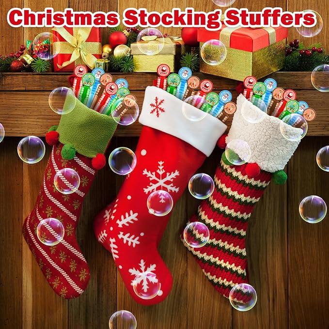 100 Pack Christmas Small Gifts Toys Prizes for Kids, Bulk Xmas Mini Bubble Wands Party Favors Accessories for Toddlers, Winter Holiday Non Candy Treats Goodie Bag Stuffers Fillers for Boys Girls