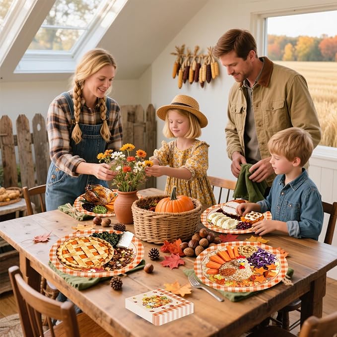 100 Pcs ThanksGiving Oval Paper Plates and Napkins Set, 10" x 12" Large Disposable Pumpkin Plates for ThanksGiving Party Supplies