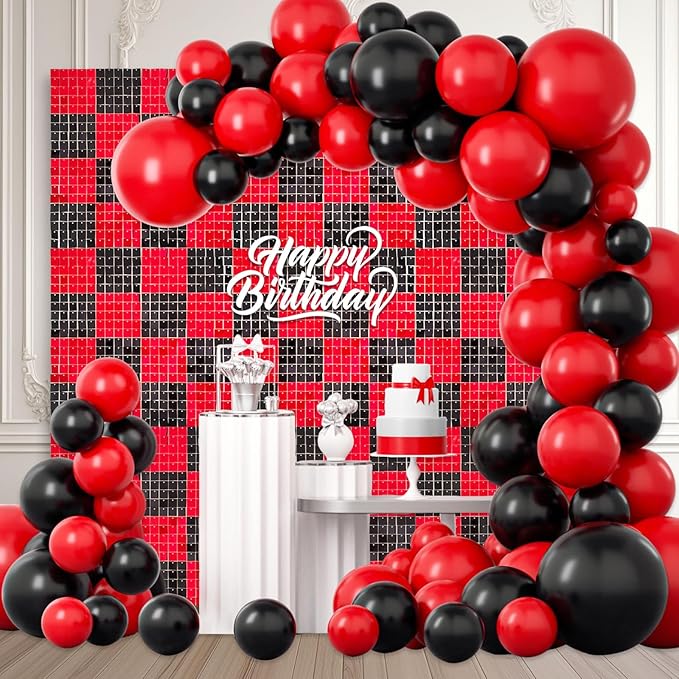 36 PCS Black Red Shimmer Wall Backdrop, Square Sequin Photo Backdrops Panel, Glitter Wall Background for Birthdays, Weddings, Halloween, Engagements, Disco Bachelorette Party Decoration (6FTx6FT)