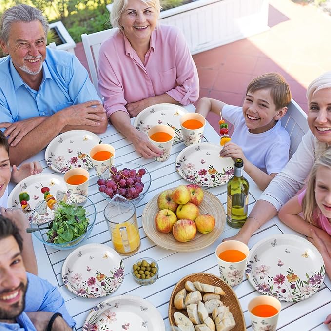 Hsei 250 Pcs Spring Wildflower Party Decoration Baby Shower Disposable Tableware Sets Birthday Supplies Serves 50 Guests Disposable Plates Napkins and Cups for Baby Bridal Shower Birthday Party