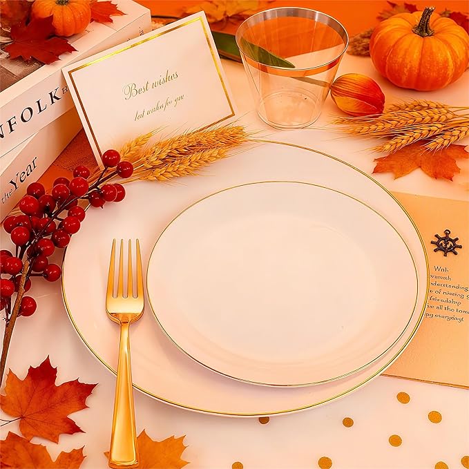 Festiva 176Pcs White and Gold Plastic Plates - White with Gold Rim Fall Dinnerware Set - 25Guest include Plates Cups Cutlery Napkins for Fall Party&Wedding& New Year&Thanksgiving