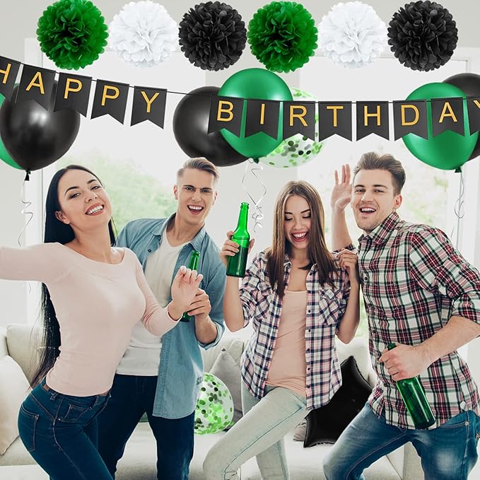 Birthday Decorations for Men Green and Black Party Decor Supplies Boy Including Happy Birthday Banner Confetti Latex Balloon Foil Balloon and Ribbon